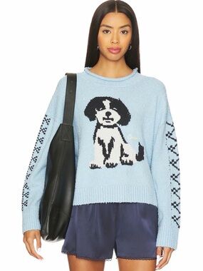 Free People NWT Story Book Blue Sweater in Clear Skies Combo Dog Sz Large